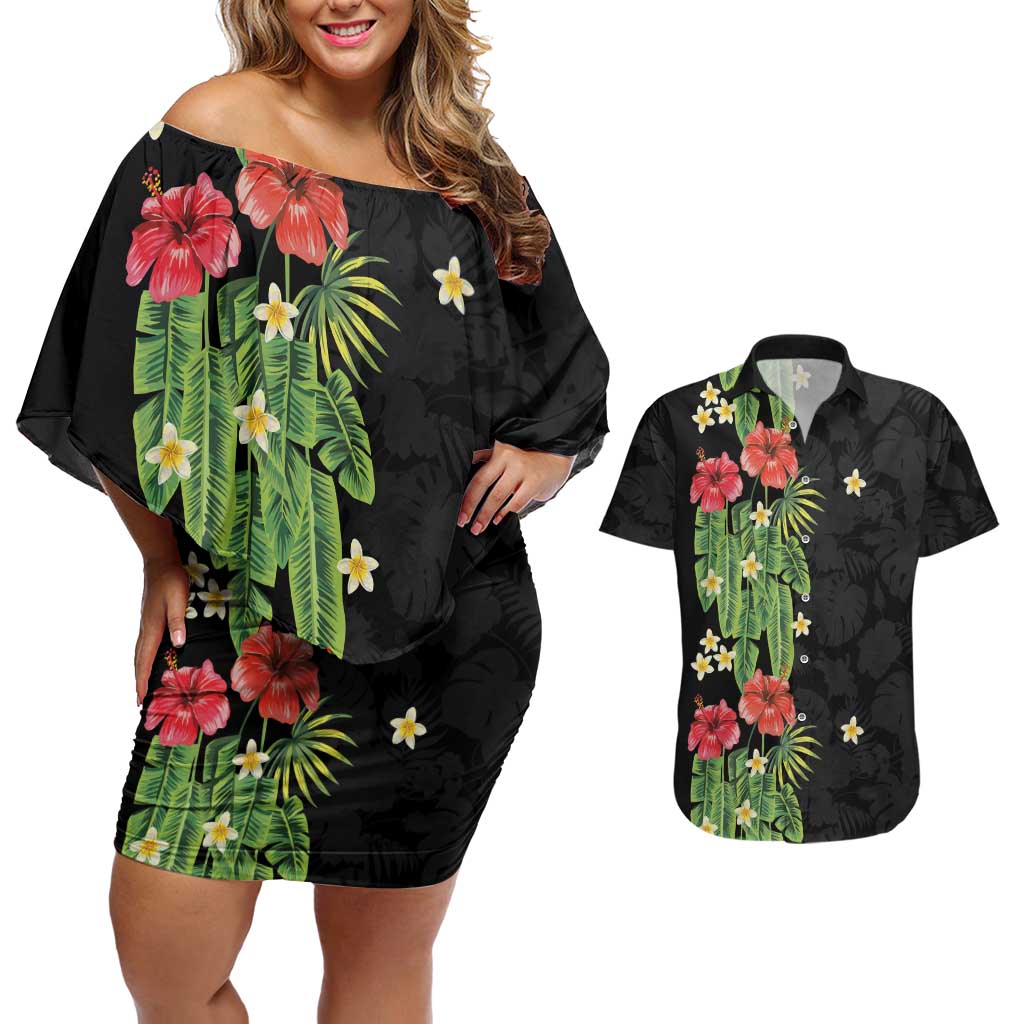 Hawaiian Hibiscus Plumeria Couples Matching Off Shoulder Short Dress and Hawaiian Shirt Tropical Leaves LT01 Black - Polynesian Pride