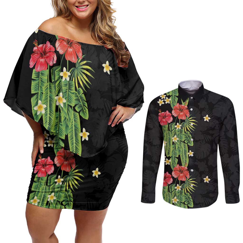 Hawaiian Hibiscus Plumeria Couples Matching Off Shoulder Short Dress and Long Sleeve Button Shirt Tropical Leaves LT01 Black - Polynesian Pride
