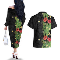 Hawaiian Hibiscus Plumeria Couples Matching Off The Shoulder Long Sleeve Dress and Hawaiian Shirt Tropical Leaves