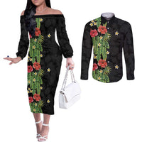 Hawaiian Hibiscus Plumeria Couples Matching Off The Shoulder Long Sleeve Dress and Long Sleeve Button Shirt Tropical Leaves LT01 Black - Polynesian Pride