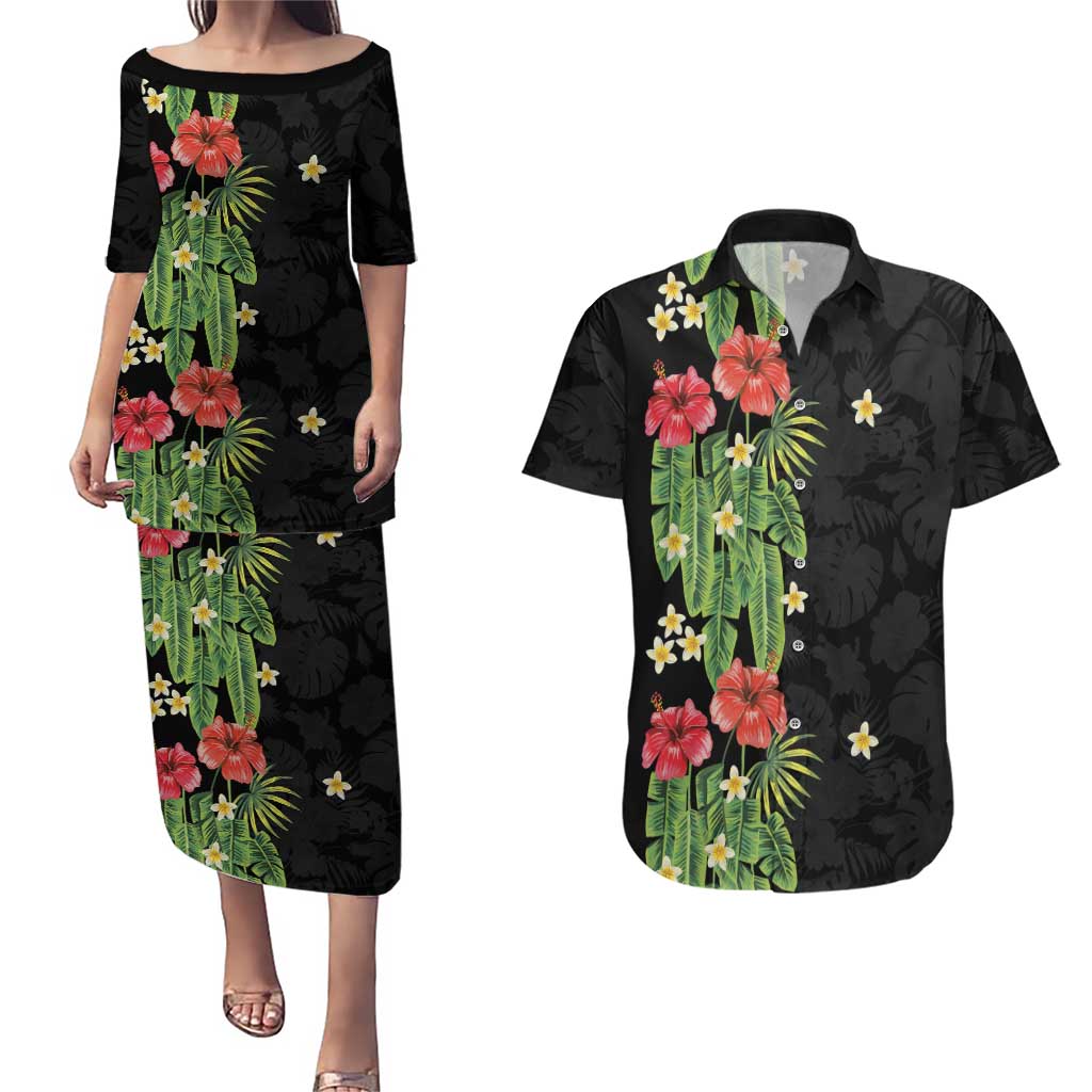 Hawaiian Hibiscus Plumeria Couples Matching Puletasi and Hawaiian Shirt Tropical Leaves LT01 Black - Polynesian Pride