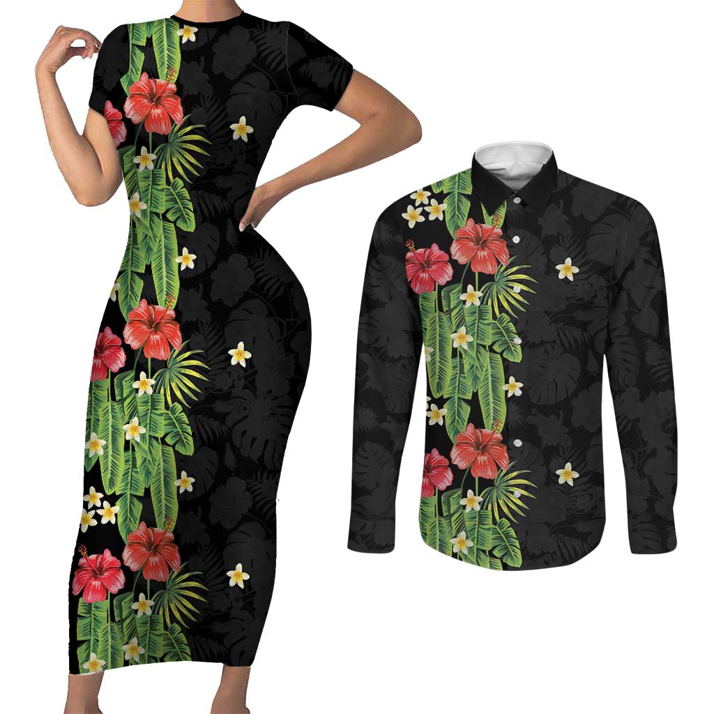 Hawaiian Hibiscus Plumeria Couples Matching Short Sleeve Bodycon Dress and Long Sleeve Button Shirt Tropical Leaves LT01 Black - Polynesian Pride