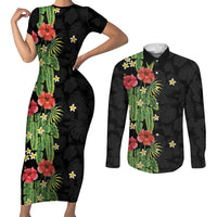 Hawaiian Hibiscus Plumeria Couples Matching Short Sleeve Bodycon Dress and Long Sleeve Button Shirt Tropical Leaves LT01 Black - Polynesian Pride