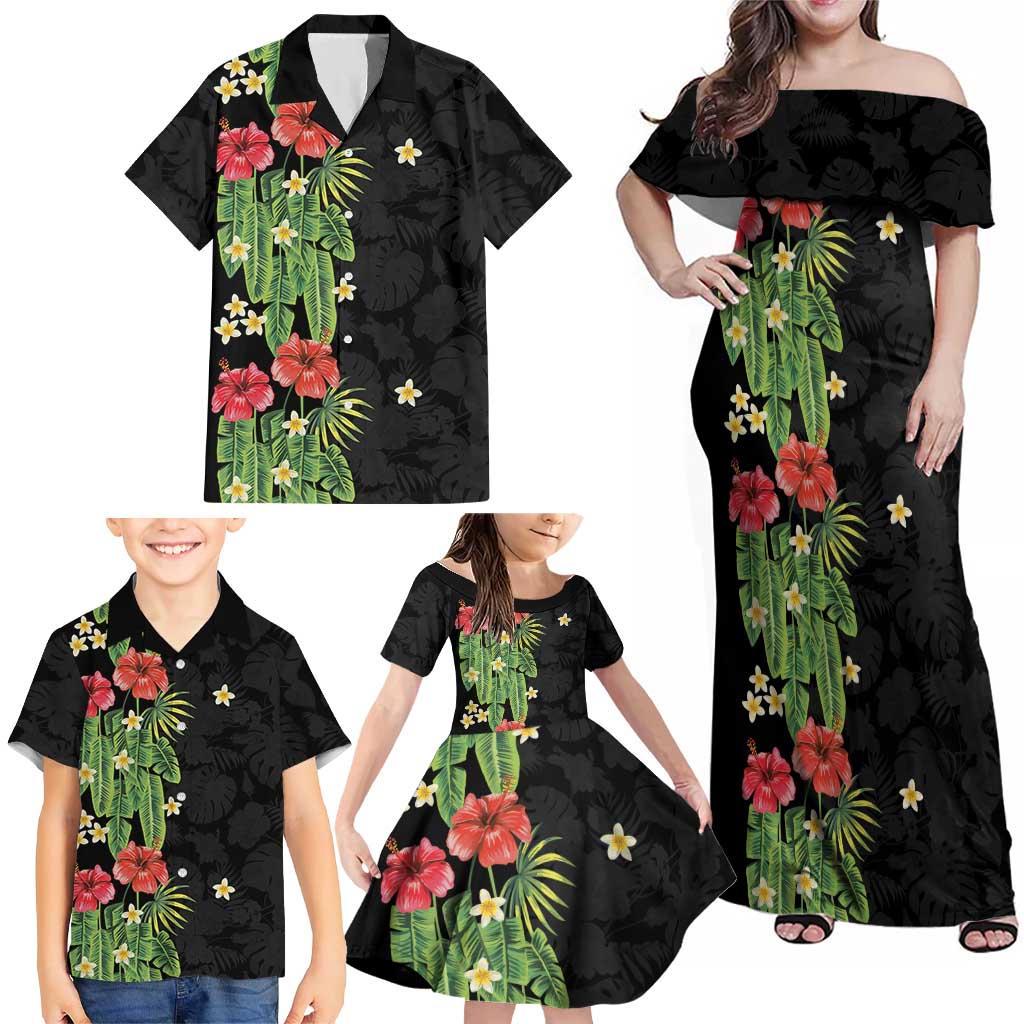 Hawaiian Hibiscus Plumeria Family Matching Off Shoulder Maxi Dress and Hawaiian Shirt Tropical Leaves
