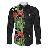 Hawaiian Hibiscus Plumeria Family Matching Off Shoulder Maxi Dress and Hawaiian Shirt Tropical Leaves LT01 Dad's Shirt - Long Sleeve Black - Polynesian Pride