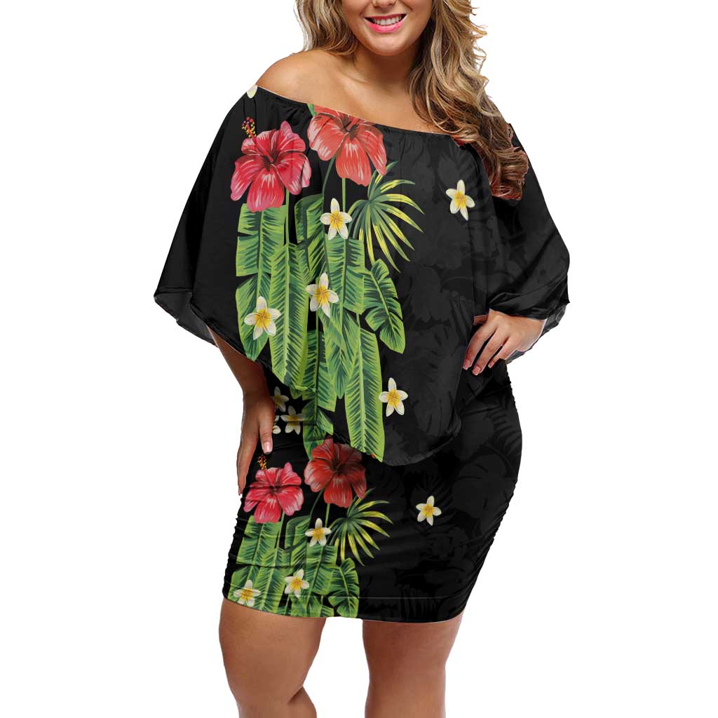 Hawaiian Hibiscus Plumeria Family Matching Off Shoulder Short Dress and Hawaiian Shirt Tropical Leaves LT01 Mom's Dress Black - Polynesian Pride