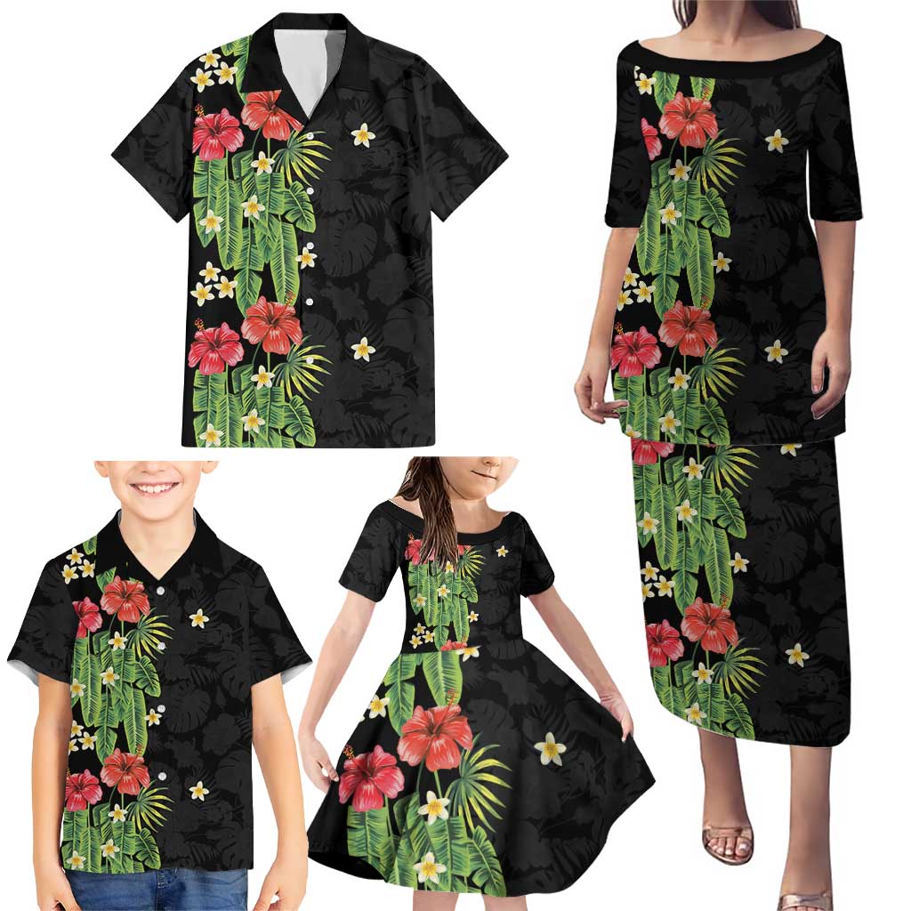 Hawaiian Hibiscus Plumeria Family Matching Puletasi and Hawaiian Shirt Tropical Leaves