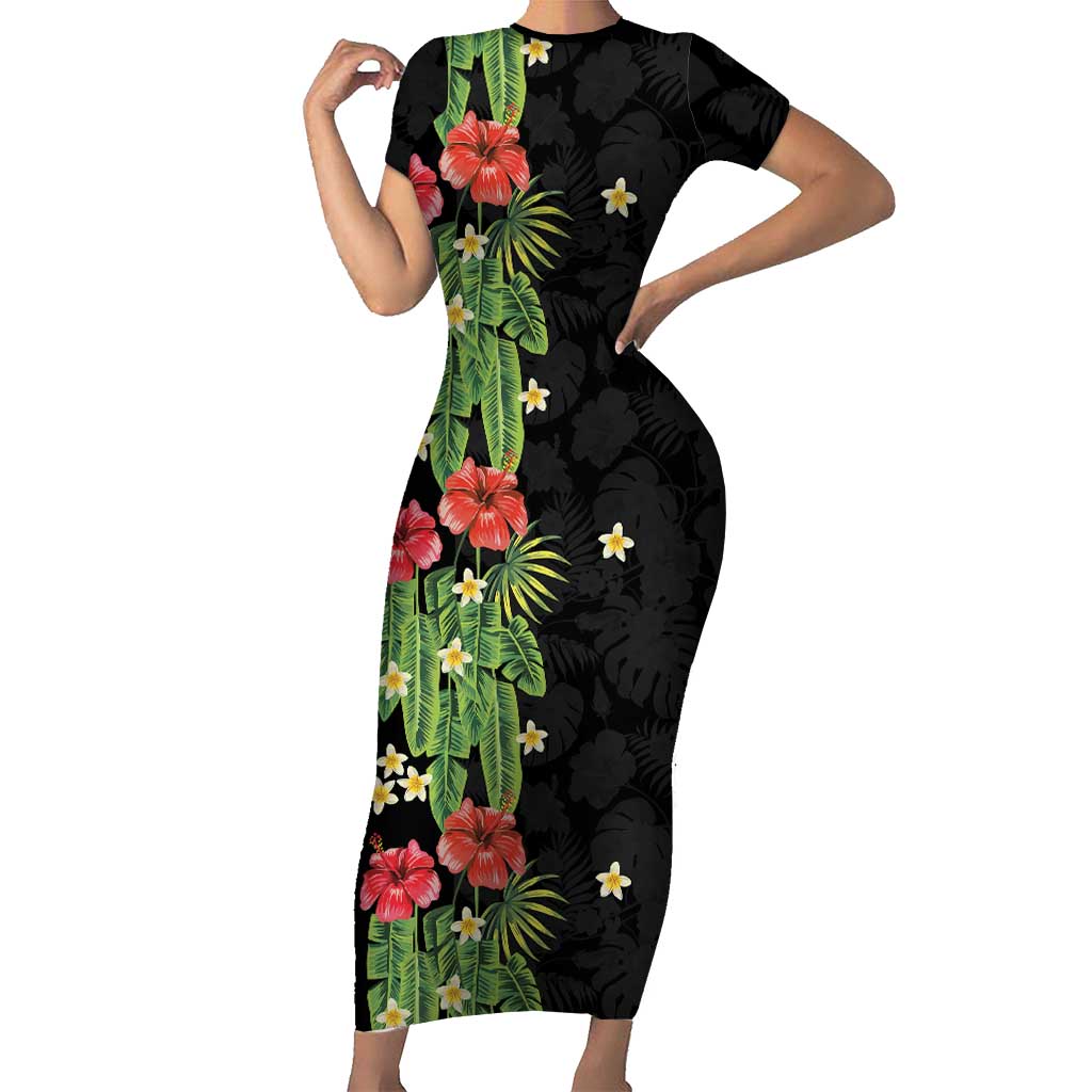Hawaiian Hibiscus Plumeria Family Matching Short Sleeve Bodycon Dress and Hawaiian Shirt Tropical Leaves LT01 Mom's Dress Black - Polynesian Pride