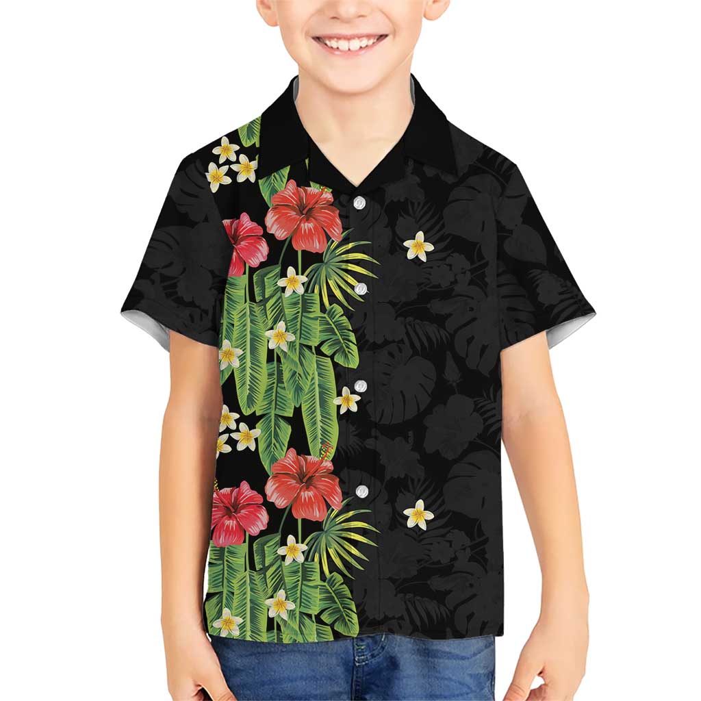 Hawaiian Hibiscus Plumeria Family Matching Summer Maxi Dress and Hawaiian Shirt Tropical Leaves LT01 Son's Shirt Black - Polynesian Pride