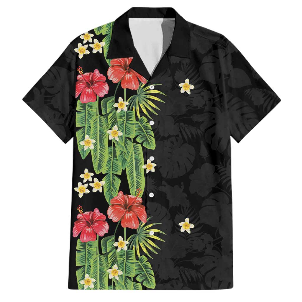 Hawaiian Hibiscus Plumeria Family Matching Tank Maxi Dress and Hawaiian Shirt Tropical Leaves LT01 Dad's Shirt - Short Sleeve Black - Polynesian Pride