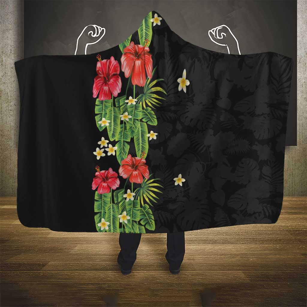 Hawaiian Hibiscus Plumeria Hooded Blanket Tropical Leaves