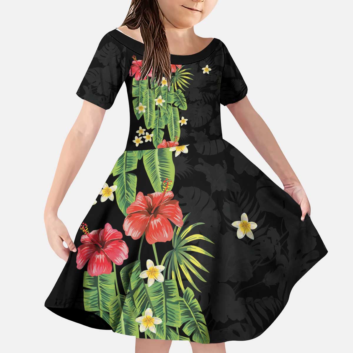 Hawaiian Hibiscus Plumeria Kid Short Sleeve Dress Tropical Leaves