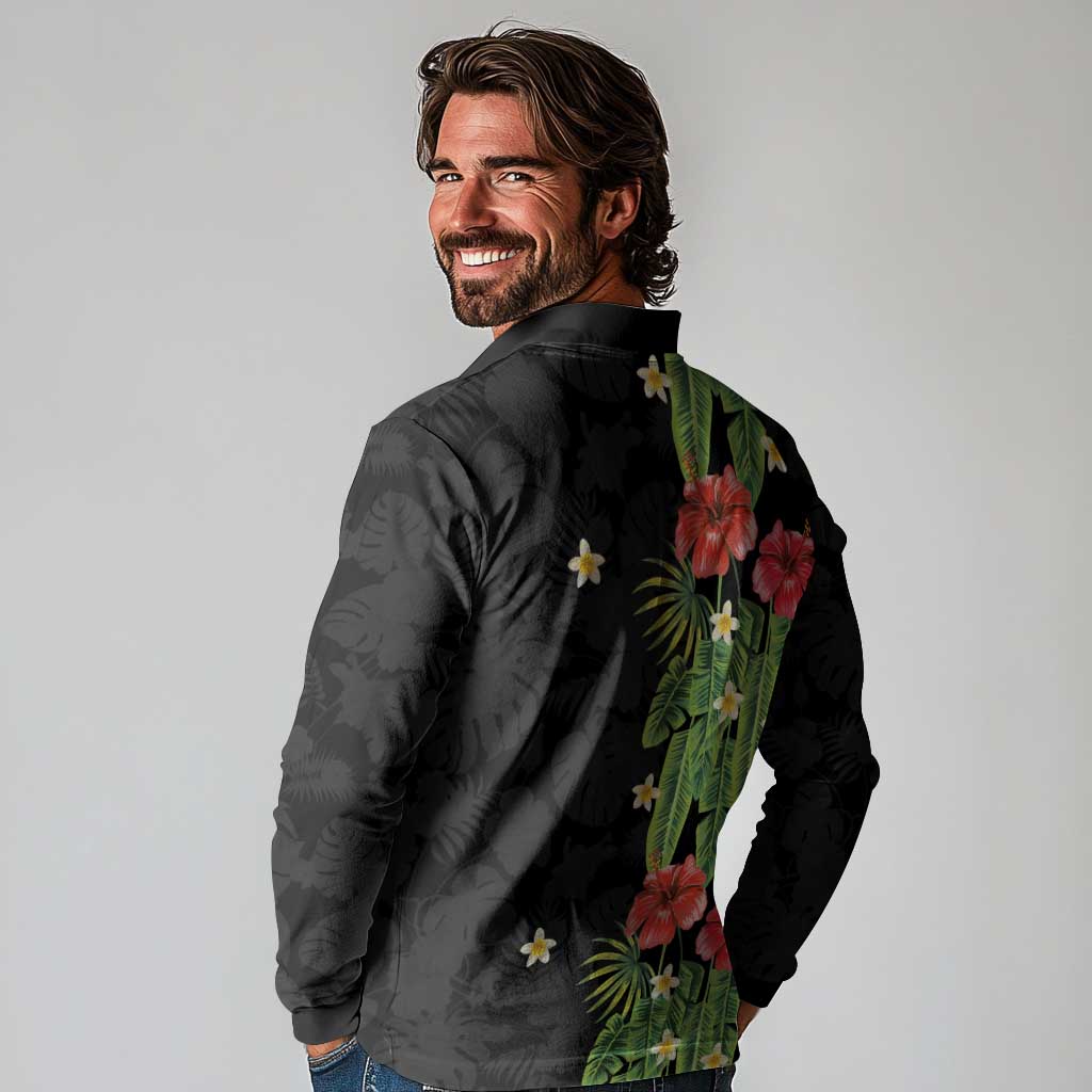 Hawaiian Hibiscus Plumeria Long Sleeve Polo Shirt Tropical Leaves