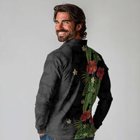 Hawaiian Hibiscus Plumeria Long Sleeve Polo Shirt Tropical Leaves