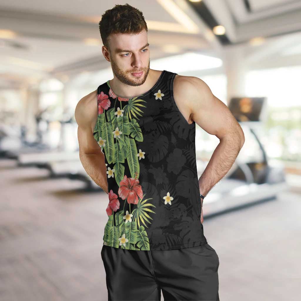 Hawaiian Hibiscus Plumeria Men Tank Top Tropical Leaves LT01 Black - Polynesian Pride