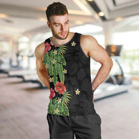 Hawaiian Hibiscus Plumeria Men Tank Top Tropical Leaves LT01 Black - Polynesian Pride