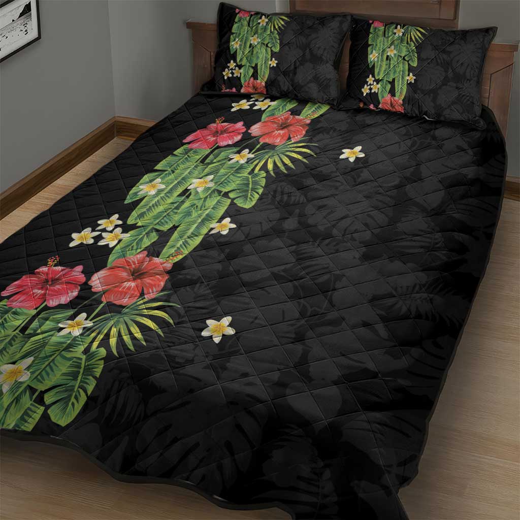 Hawaiian Hibiscus Plumeria Quilt Bed Set Tropical Leaves