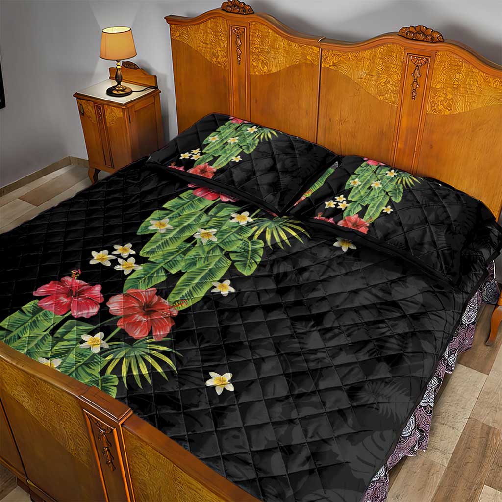 Hawaiian Hibiscus Plumeria Quilt Bed Set Tropical Leaves