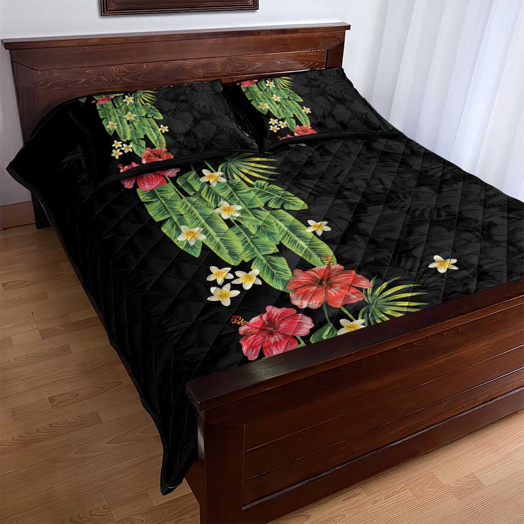 Hawaiian Hibiscus Plumeria Quilt Bed Set Tropical Leaves