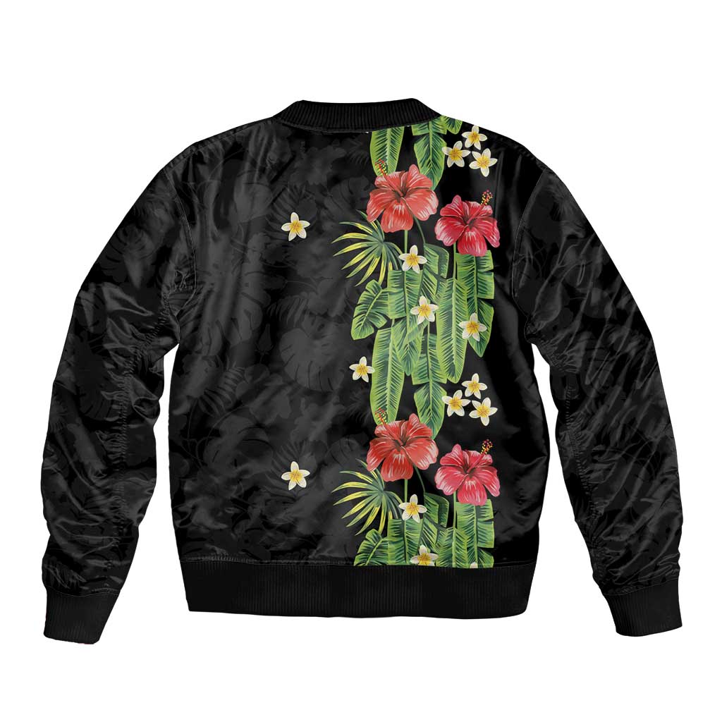 Hawaiian Hibiscus Plumeria Sleeve Zip Bomber Jacket Tropical Leaves