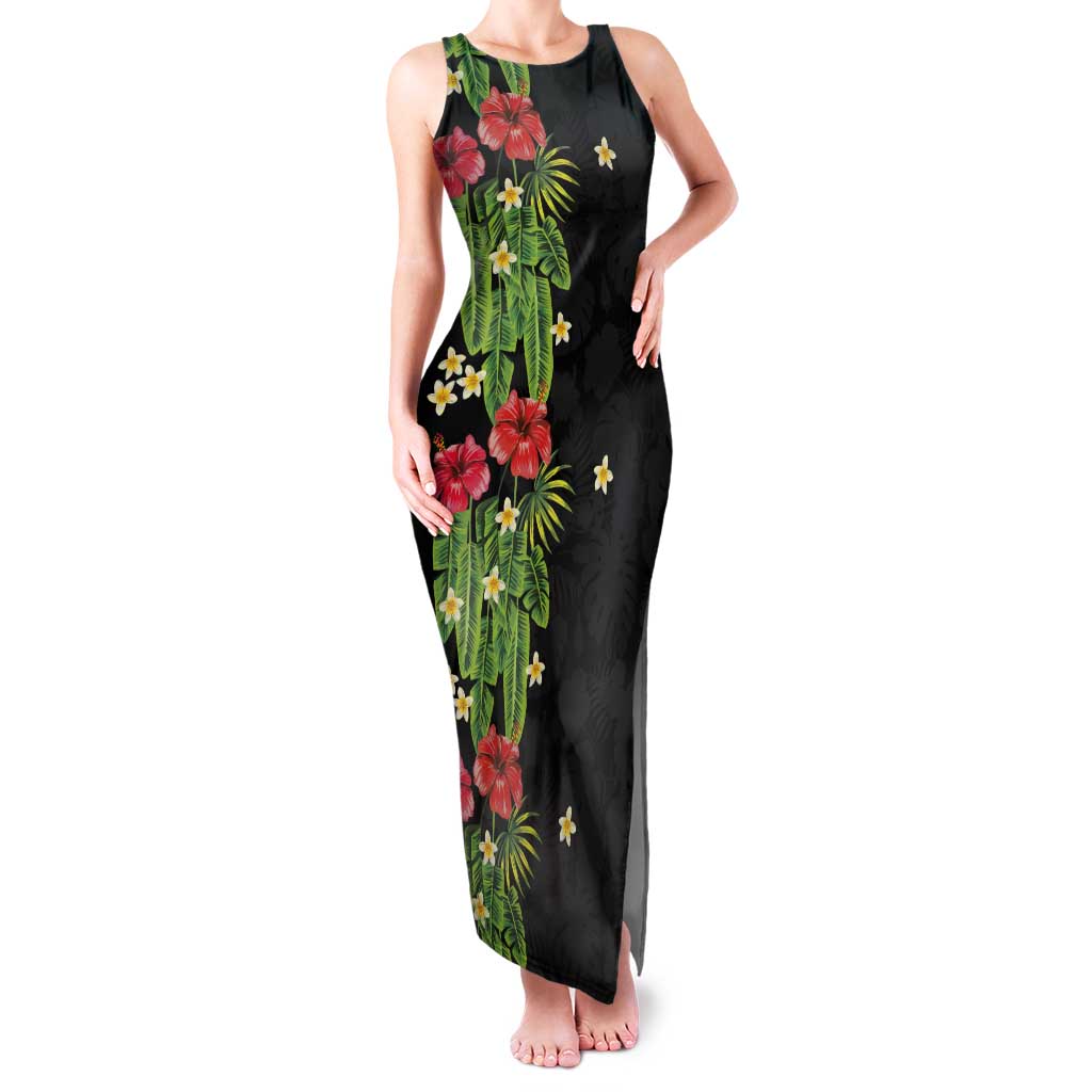 Hawaiian Hibiscus Plumeria Tank Maxi Dress Tropical Leaves LT01 Women Black - Polynesian Pride