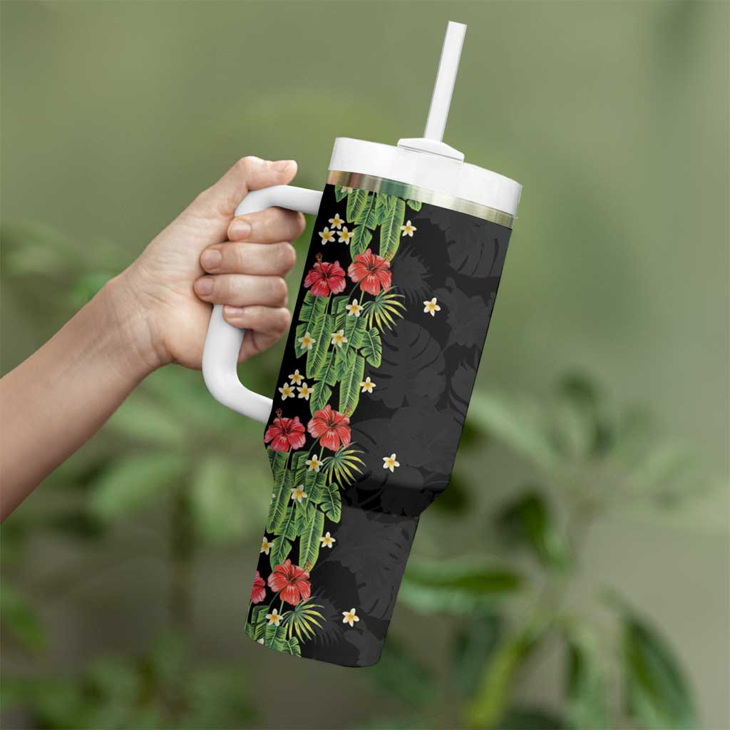 Hawaiian Hibiscus Plumeria Tumbler With Handle Tropical Leaves