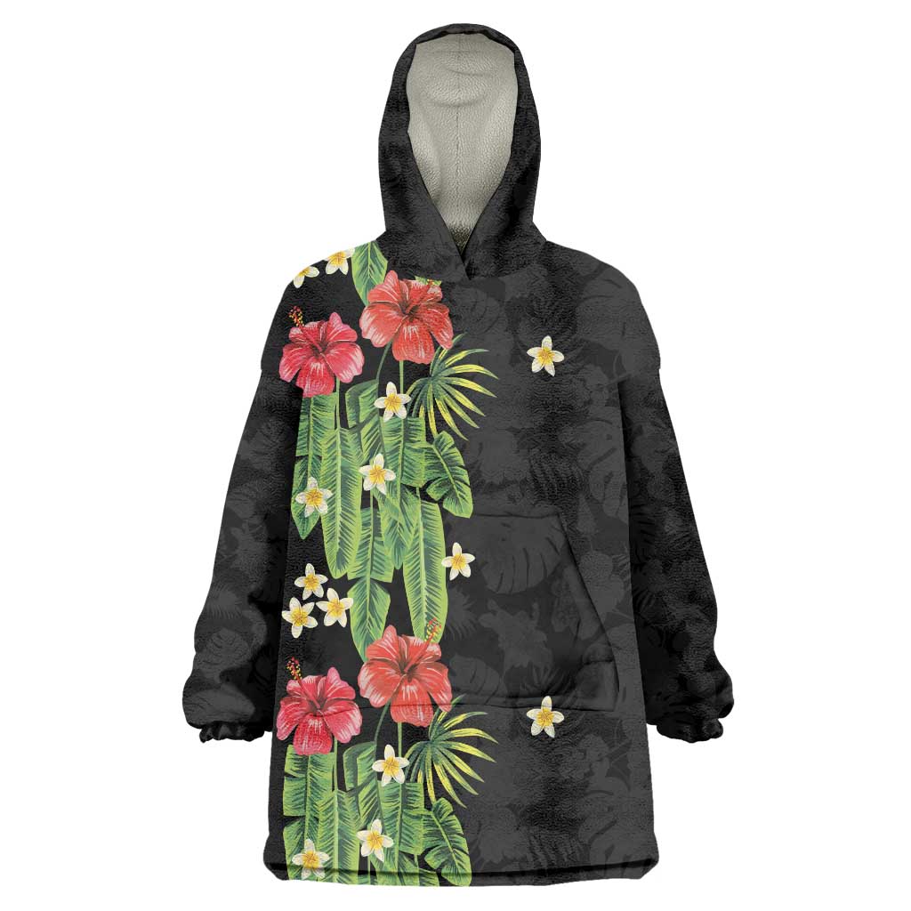 Hawaiian Hibiscus Plumeria Wearable Blanket Hoodie Tropical Leaves