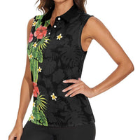 Hawaiian Hibiscus Plumeria Women Sleeveless Polo Shirt Tropical Leaves LT01 - Polynesian Pride