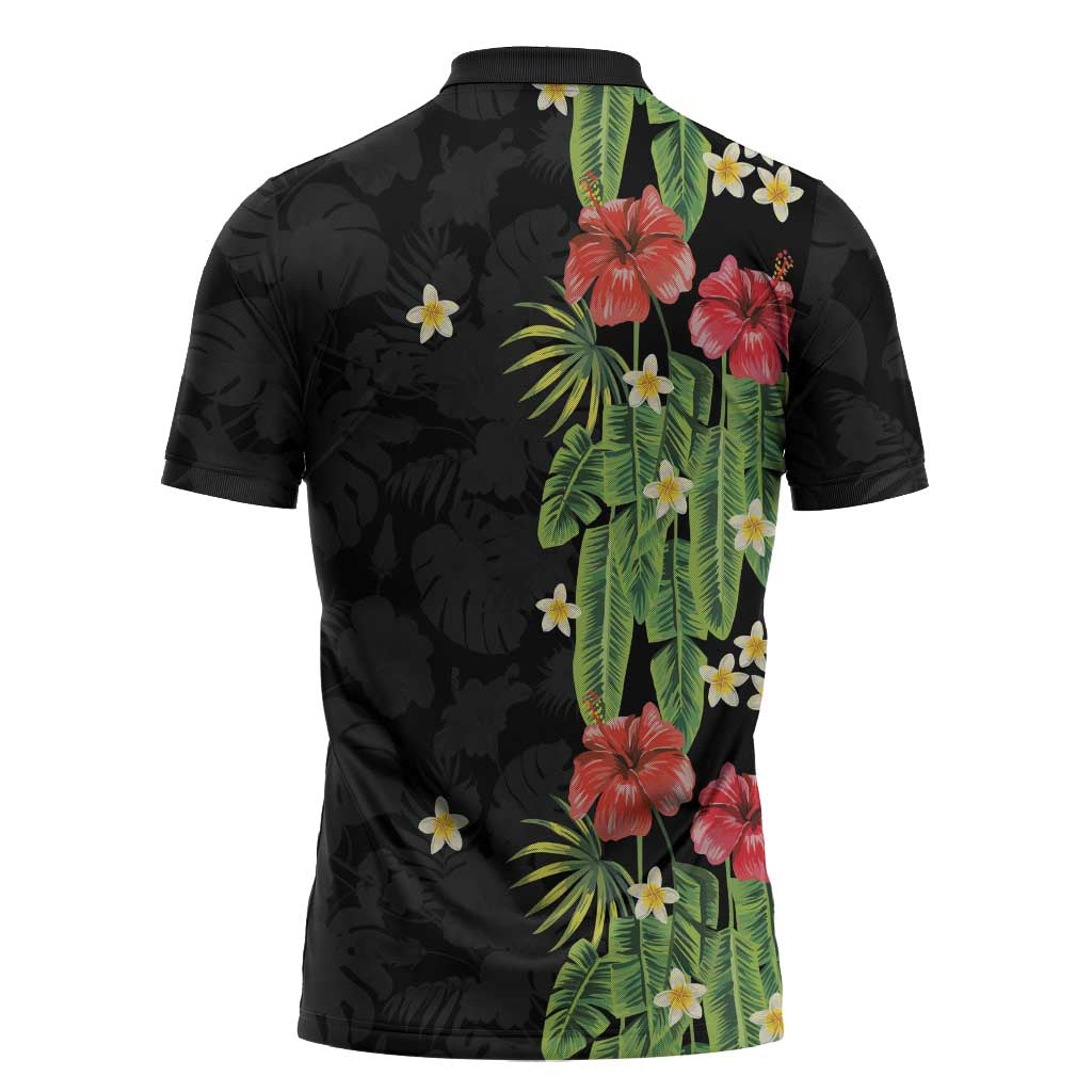 Hawaiian Hibiscus Plumeria Zipper Polo Shirt Tropical Leaves