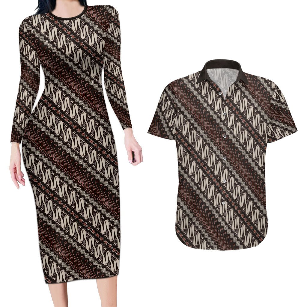 Yogyakarta Parang Batik Motifs Couples Matching Long Sleeve Bodycon Dress and Hawaiian Shirt Indonesian Traditional Pattern LT01 Brown - Polynesian Pride