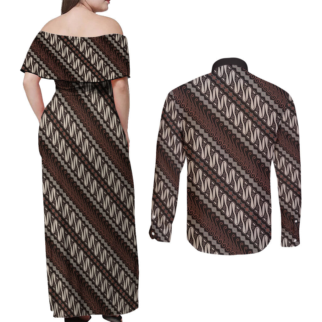 Yogyakarta Parang Batik Motifs Couples Matching Off Shoulder Maxi Dress and Long Sleeve Button Shirt Indonesian Traditional Pattern LT01 - Polynesian Pride