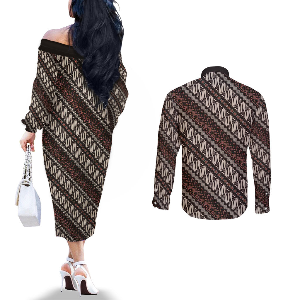 Yogyakarta Parang Batik Motifs Couples Matching Off The Shoulder Long Sleeve Dress and Long Sleeve Button Shirt Indonesian Traditional Pattern LT01 - Polynesian Pride