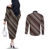 Yogyakarta Parang Batik Motifs Couples Matching Off The Shoulder Long Sleeve Dress and Long Sleeve Button Shirt Indonesian Traditional Pattern LT01 - Polynesian Pride