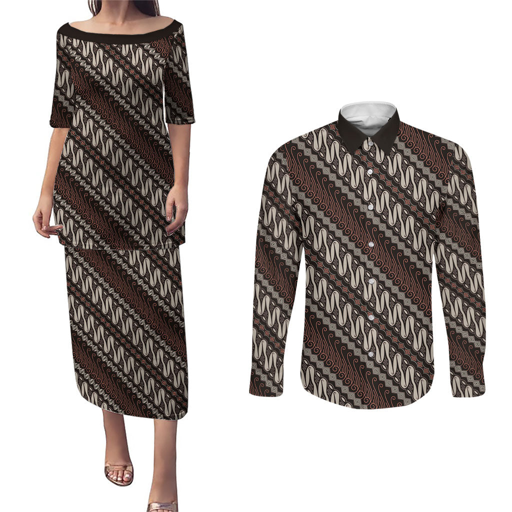 Yogyakarta Parang Batik Motifs Couples Matching Puletasi and Long Sleeve Button Shirt Indonesian Traditional Pattern LT01 Brown - Polynesian Pride