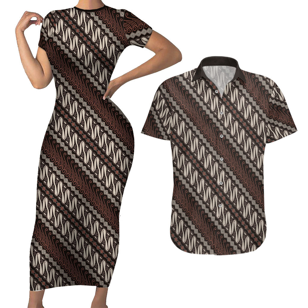 Yogyakarta Parang Batik Motifs Couples Matching Short Sleeve Bodycon Dress and Hawaiian Shirt Indonesian Traditional Pattern