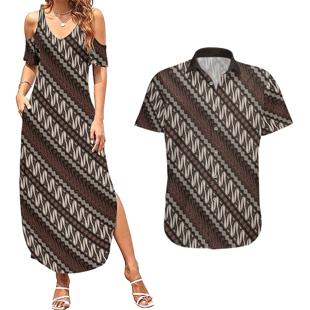 Yogyakarta Parang Batik Motifs Couples Matching Summer Maxi Dress and Hawaiian Shirt Indonesian Traditional Pattern