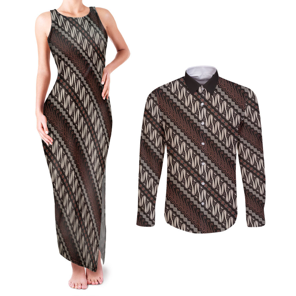 Yogyakarta Parang Batik Motifs Couples Matching Tank Maxi Dress and Long Sleeve Button Shirt Indonesian Traditional Pattern LT01 Brown - Polynesian Pride