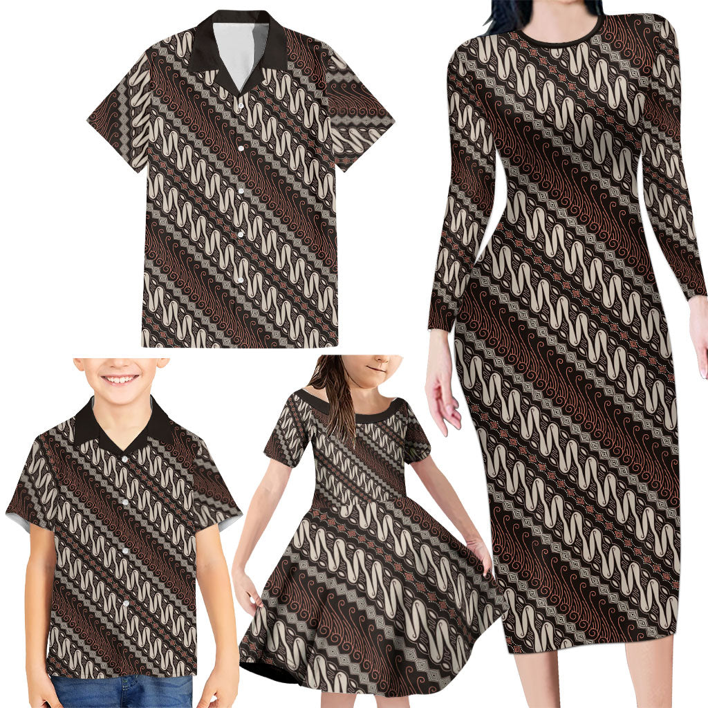 Yogyakarta Parang Batik Motifs Family Matching Long Sleeve Bodycon Dress and Hawaiian Shirt Indonesian Traditional Pattern LT01 - Polynesian Pride