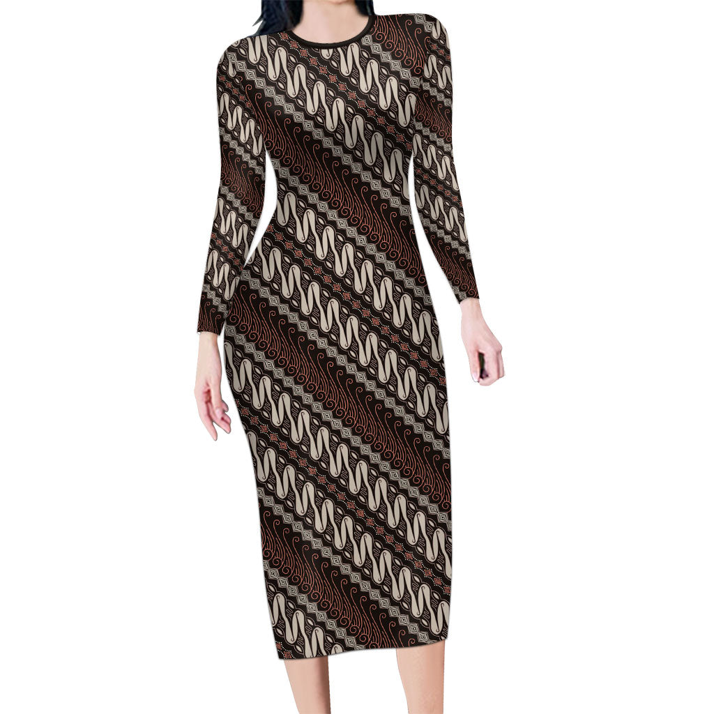 Yogyakarta Parang Batik Motifs Family Matching Long Sleeve Bodycon Dress and Hawaiian Shirt Indonesian Traditional Pattern LT01 Mom's Dress Brown - Polynesian Pride