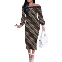 Yogyakarta Parang Batik Motifs Family Matching Off The Shoulder Long Sleeve Dress and Hawaiian Shirt Indonesian Traditional Pattern LT01 Mom's Dress Brown - Polynesian Pride