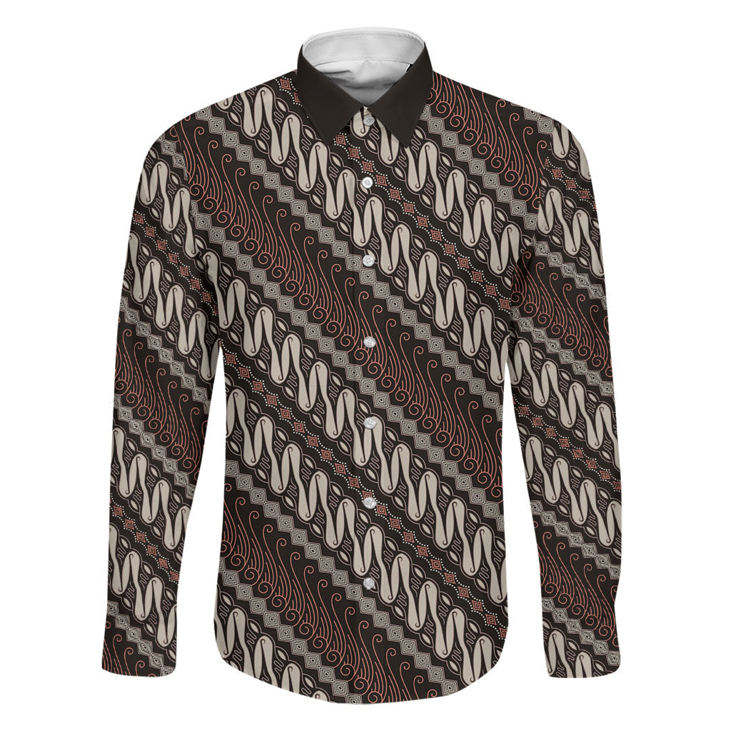 Yogyakarta Parang Batik Motifs Family Matching Off Shoulder Short Dress and Hawaiian Shirt Indonesian Traditional Pattern LT01 Dad's Shirt - Long Sleeve Brown - Polynesian Pride