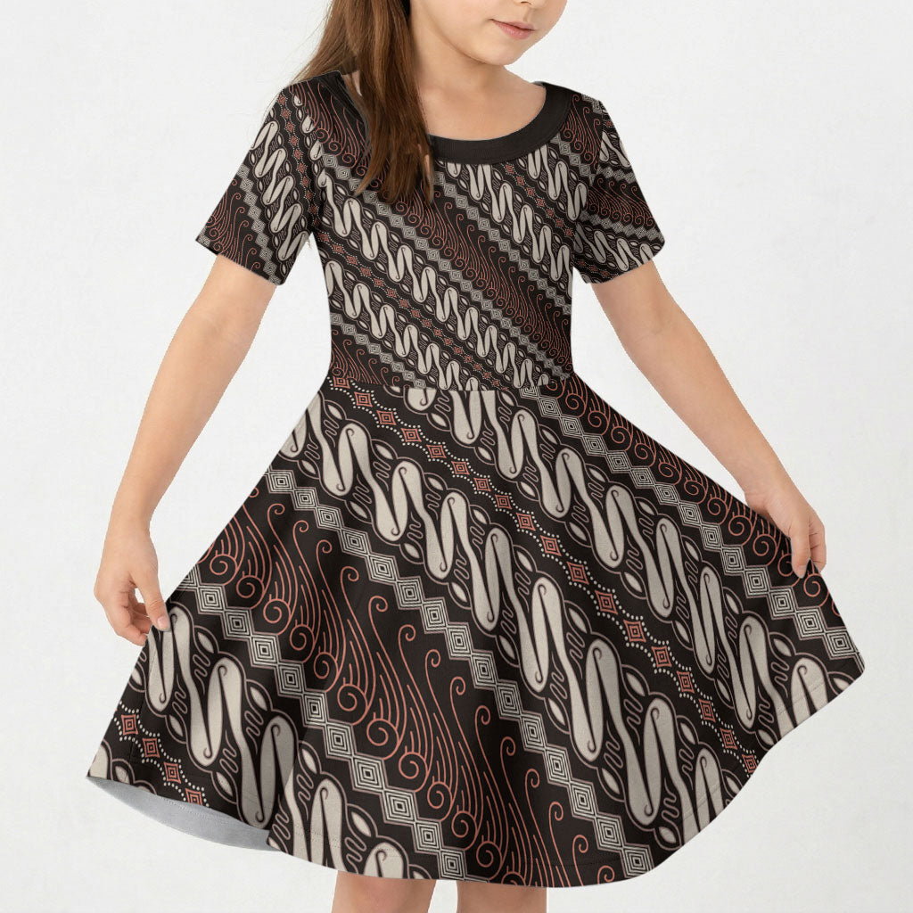 Yogyakarta Parang Batik Motifs Kid Short Sleeve Dress Indonesian Traditional Pattern LT01 KID Brown - Polynesian Pride