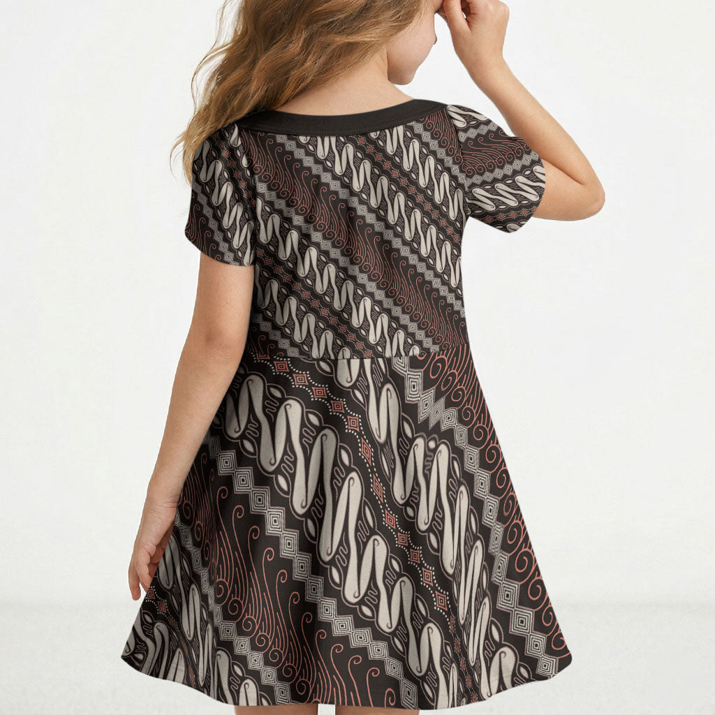 Yogyakarta Parang Batik Motifs Kid Short Sleeve Dress Indonesian Traditional Pattern LT01 - Polynesian Pride