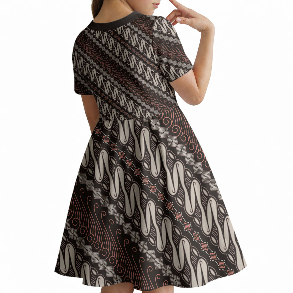 Yogyakarta Parang Batik Motifs Kid Short Sleeve Dress Indonesian Traditional Pattern LT01 - Polynesian Pride