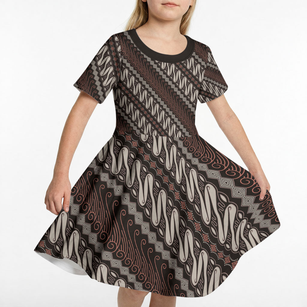 Yogyakarta Parang Batik Motifs Kid Short Sleeve Dress Indonesian Traditional Pattern LT01 - Polynesian Pride