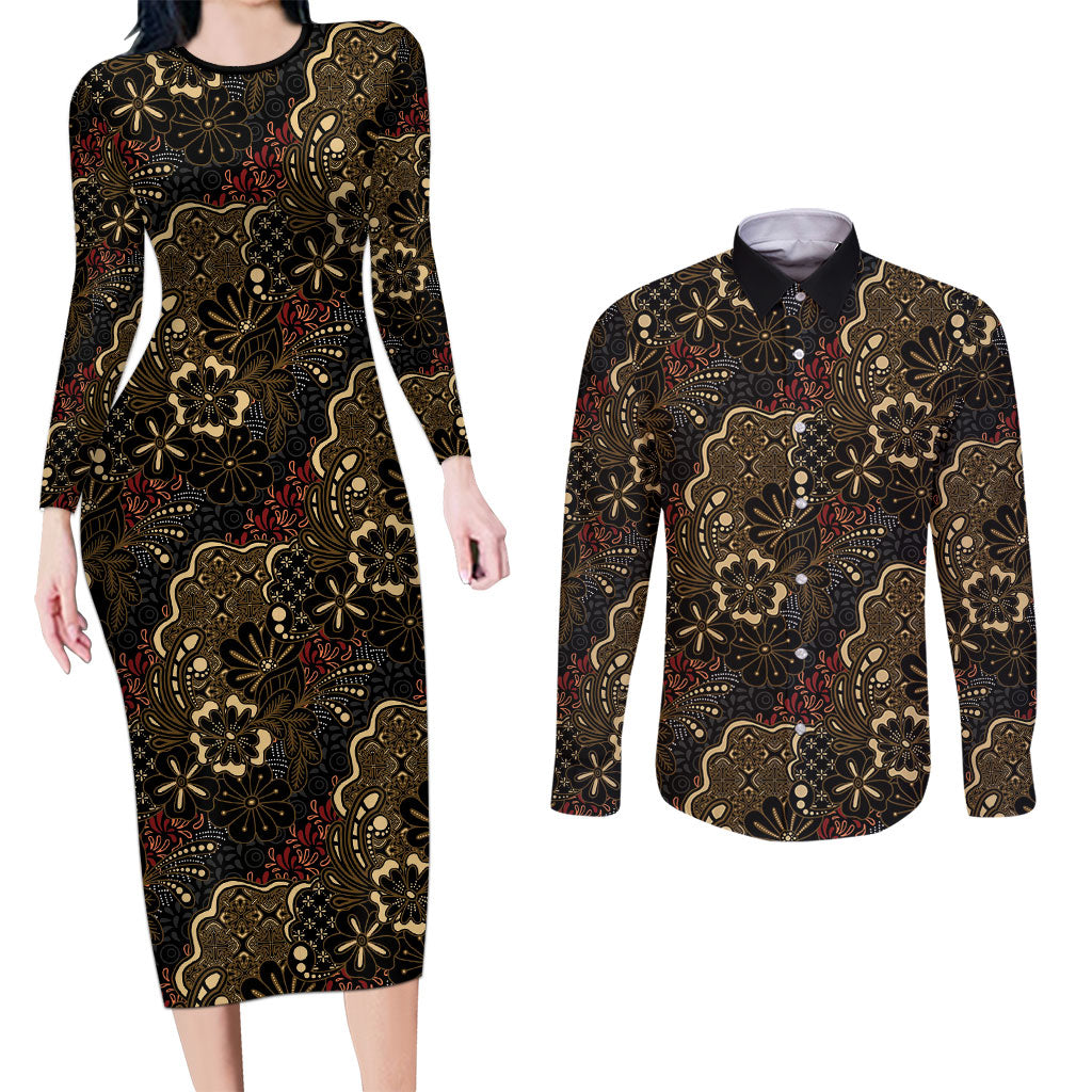 Batik Sekar Jagad Couples Matching Long Sleeve Bodycon Dress and Long Sleeve Button Shirt Indonesian Traditional Pattern