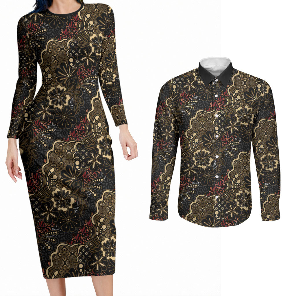 Batik Sekar Jagad Couples Matching Long Sleeve Bodycon Dress and Long Sleeve Button Shirt Indonesian Traditional Pattern LT01 Black - Polynesian Pride