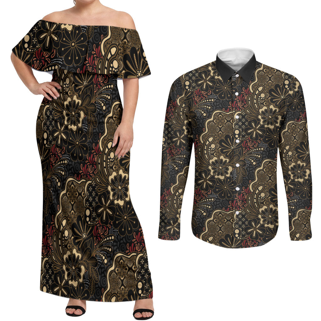 Batik Sekar Jagad Couples Matching Off Shoulder Maxi Dress and Long Sleeve Button Shirt Indonesian Traditional Pattern LT01 Black - Polynesian Pride