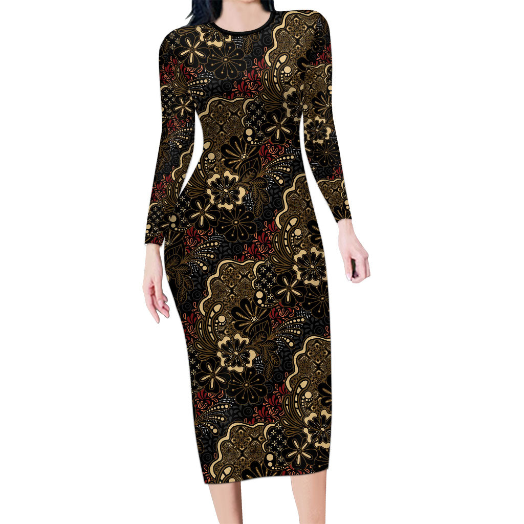 Batik Sekar Jagad Family Matching Long Sleeve Bodycon Dress and Hawaiian Shirt Indonesian Traditional Pattern LT01 Mom's Dress Black - Polynesian Pride