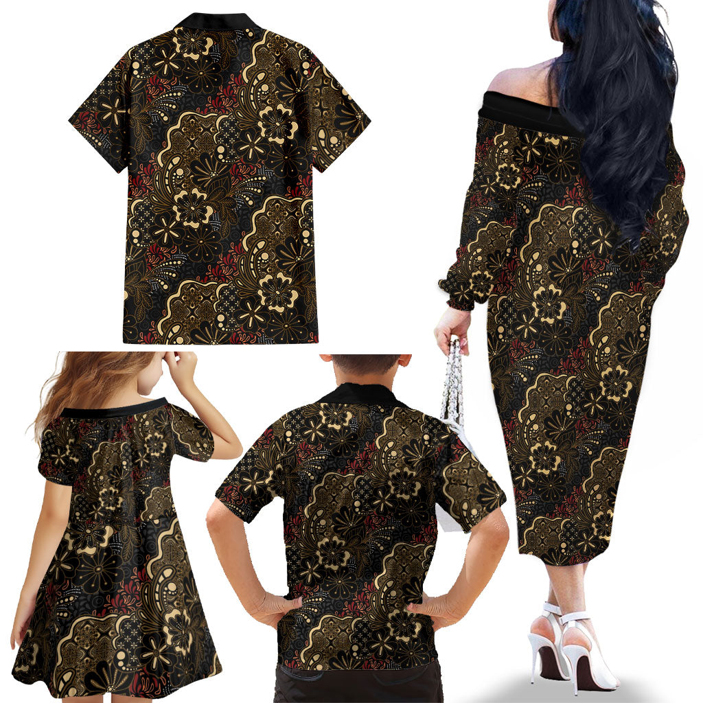 Batik Sekar Jagad Family Matching Off The Shoulder Long Sleeve Dress and Hawaiian Shirt Indonesian Traditional Pattern LT01 - Polynesian Pride